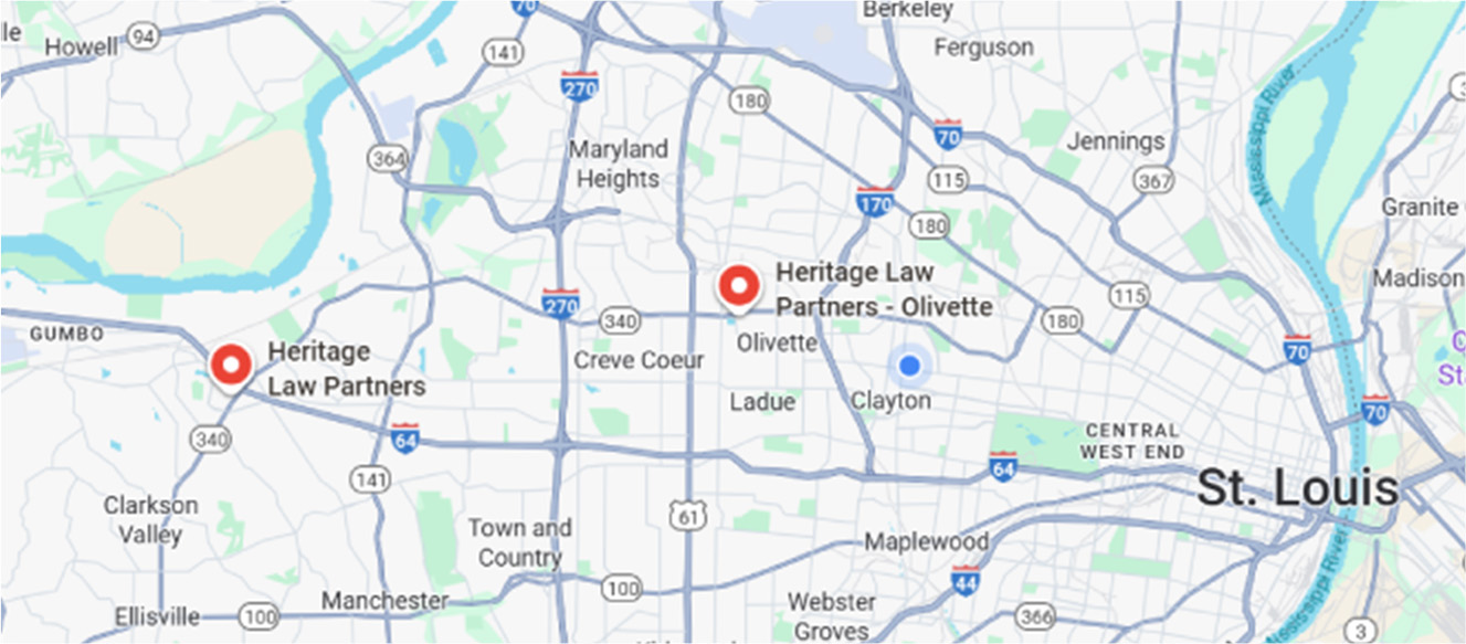 Map showing Heritage Law Partners offices in Chesterfield and Olivette Missouri